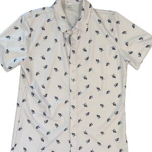 Men's White Short-Sleeve Button-Up Shirt with Navy Sharks Print